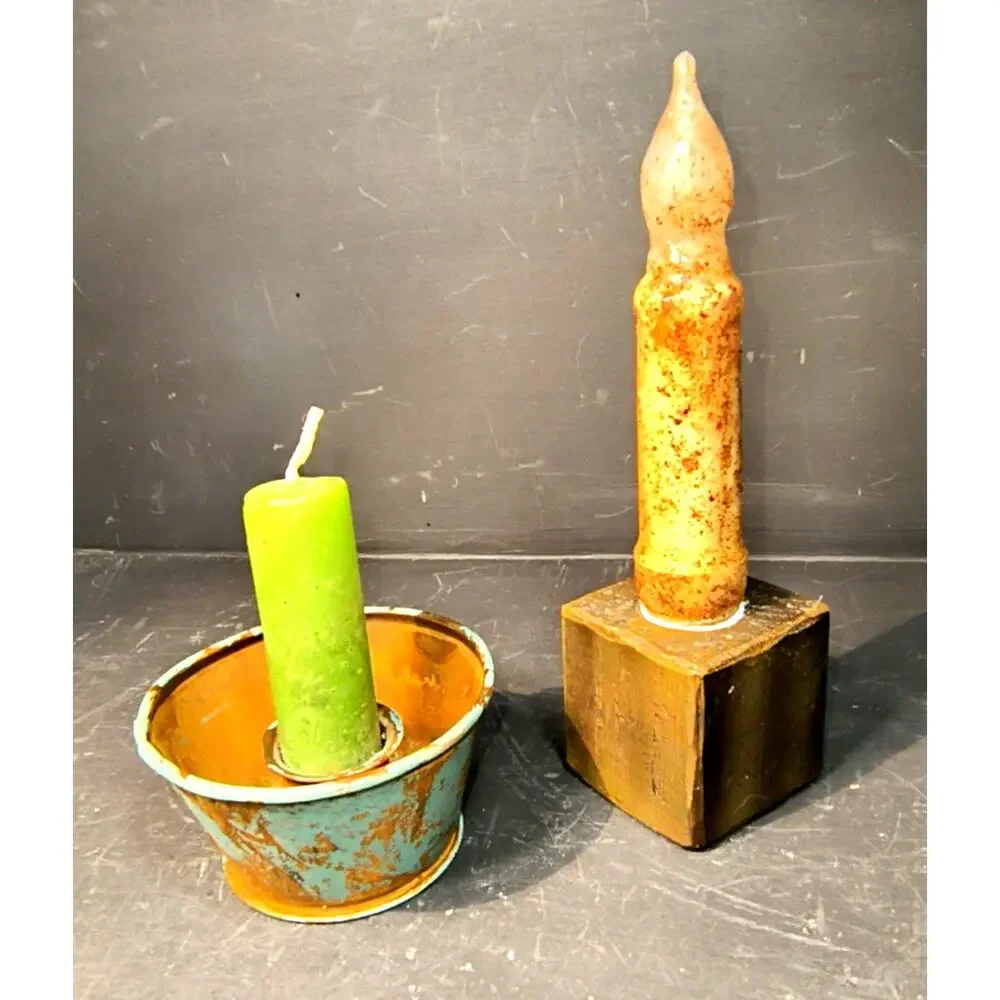 1970.  Set of Two Rustic Primitive Candles and Holders